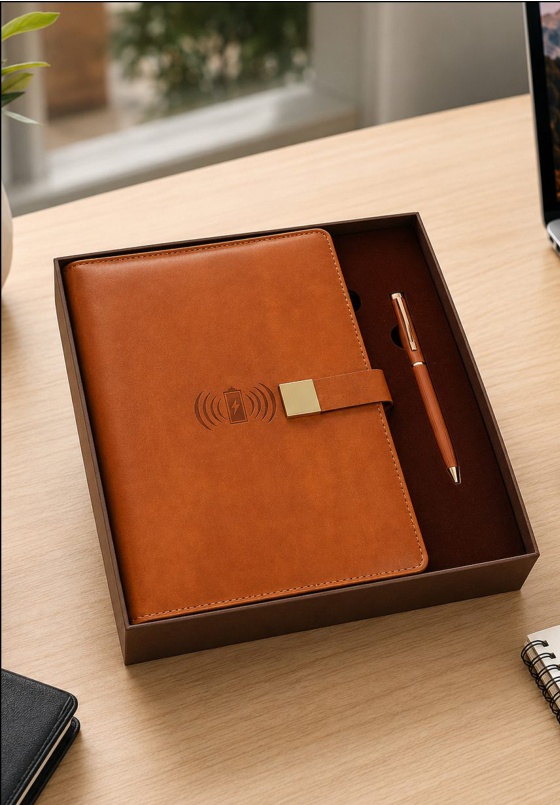 V-5 Cognac Amber Wireless Power Bank Diary